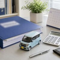 交通事故の弁護業務をイメージした、日本の法律事務所デスク上の書類バインダー・軽自動車の模型・電卓・カレンダーの静物写真